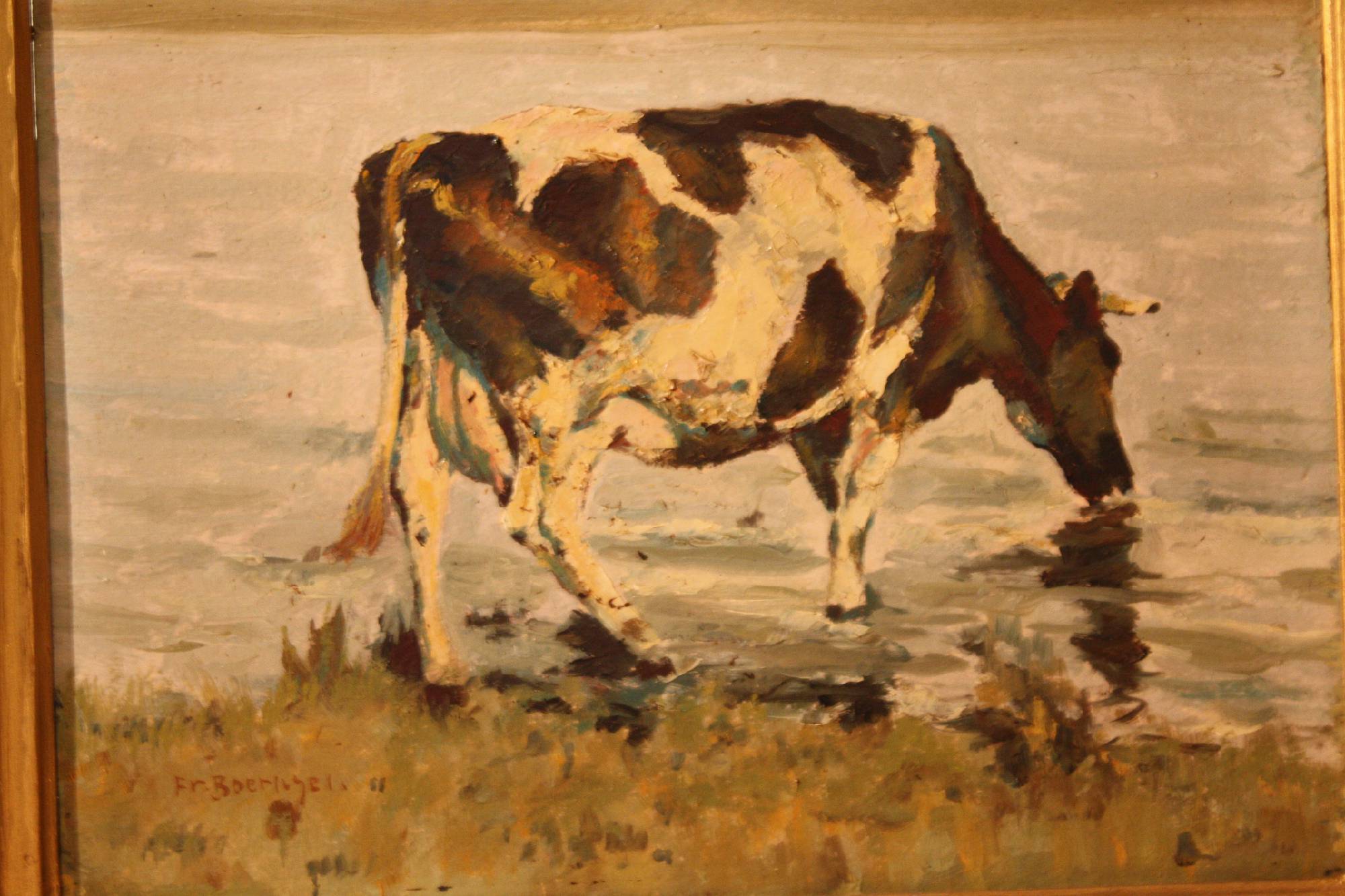 Impressionist early 20th century painting of a drinking cow, signed