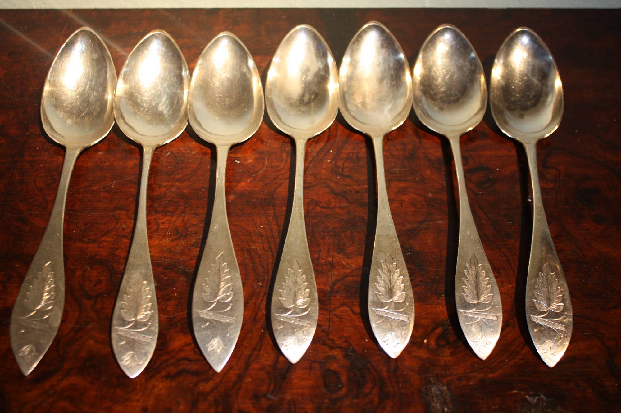 7 antique 1830 made silver spoons, marked with 13 Lot(835-812.5/1000) and the hallmark of the town of Leer, Germany