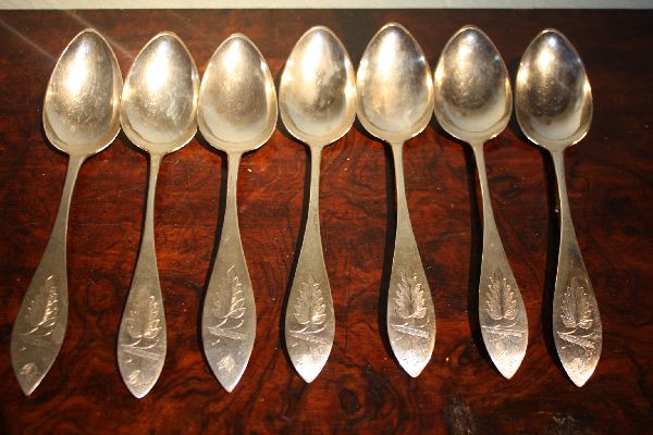 7 antique silver spoons, marked with 13 Lot and hallmark of Leer, Germany