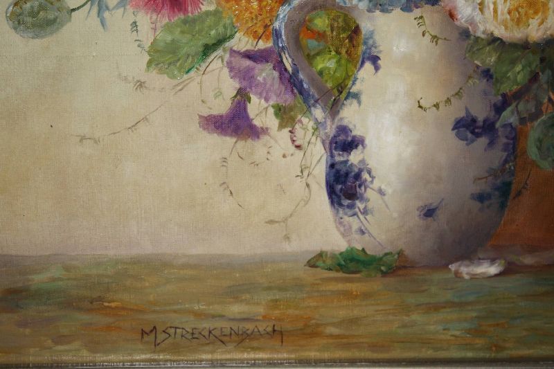 Large signed German flower still life painting Max Streckenbach (*1863, Eckernfoerde, +  1936)