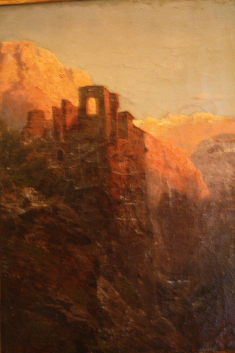 A small signed 19th century South German mountain with ruin landscape painting, oil on canvas, Karl Millner