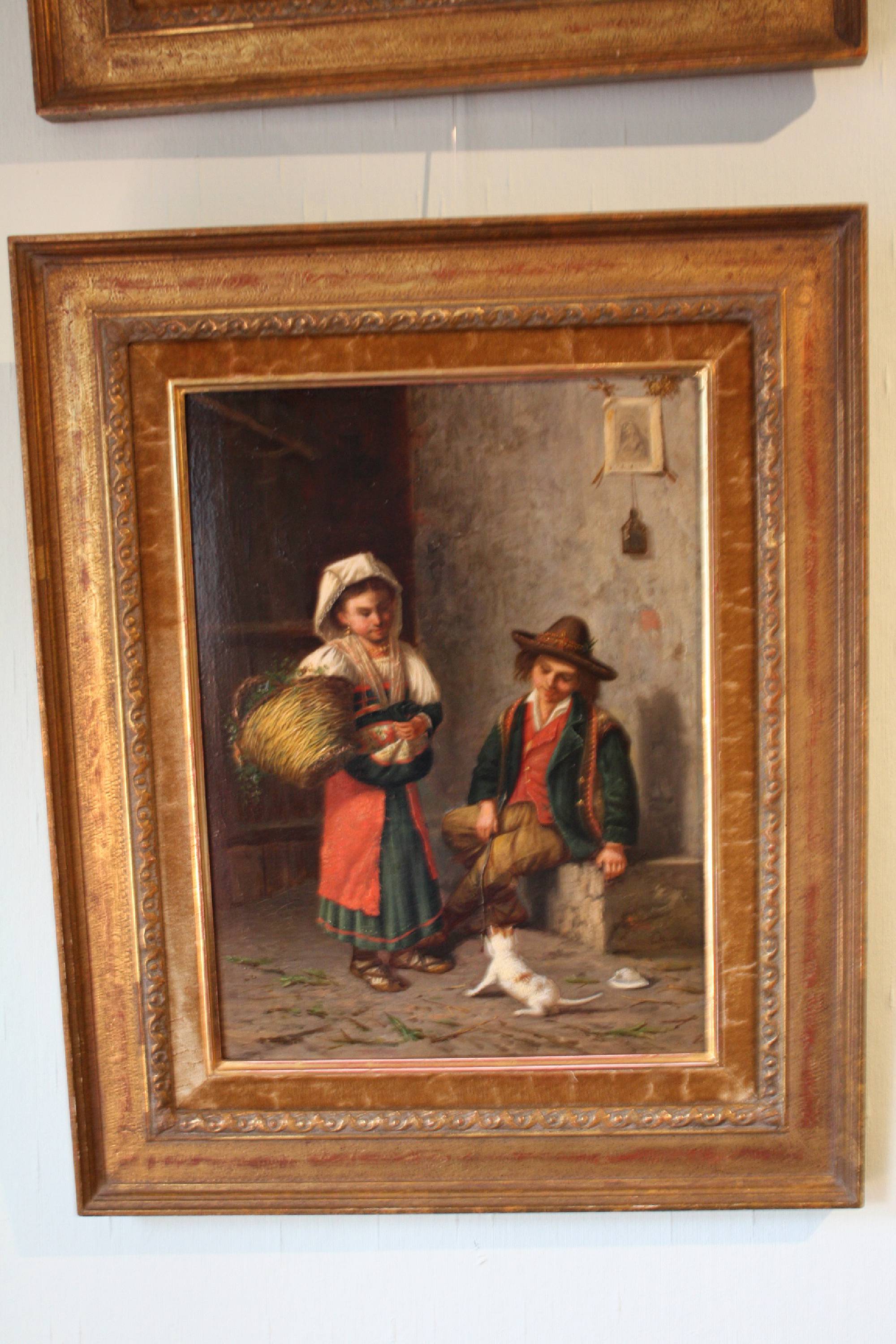 Fine Italian Mid-19th century scenery of children playing with a cat, painting oil on wood, signed 'G. Mormile',  Gaetano Mormile