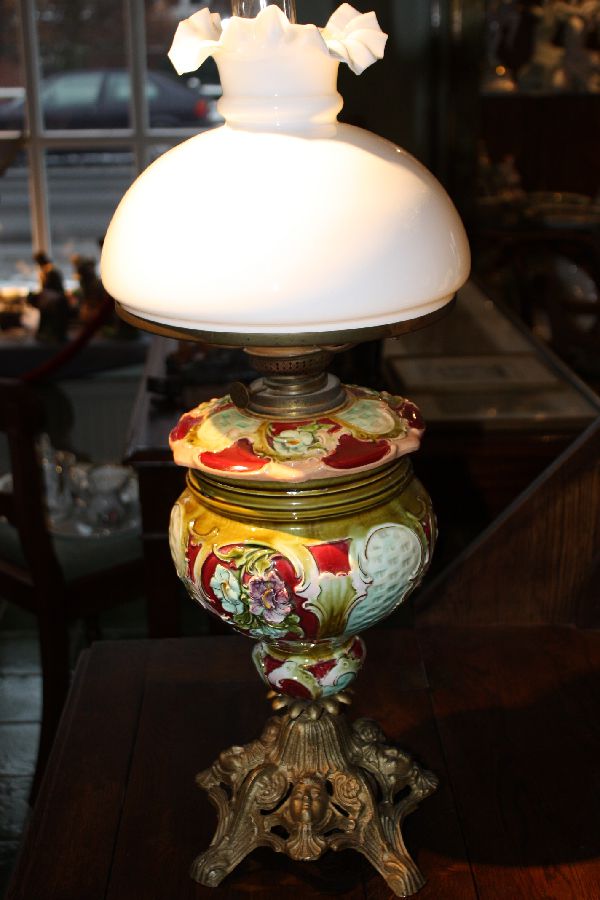 Antique German Kerosene Lamp, polychrome flower ornate stoneware font