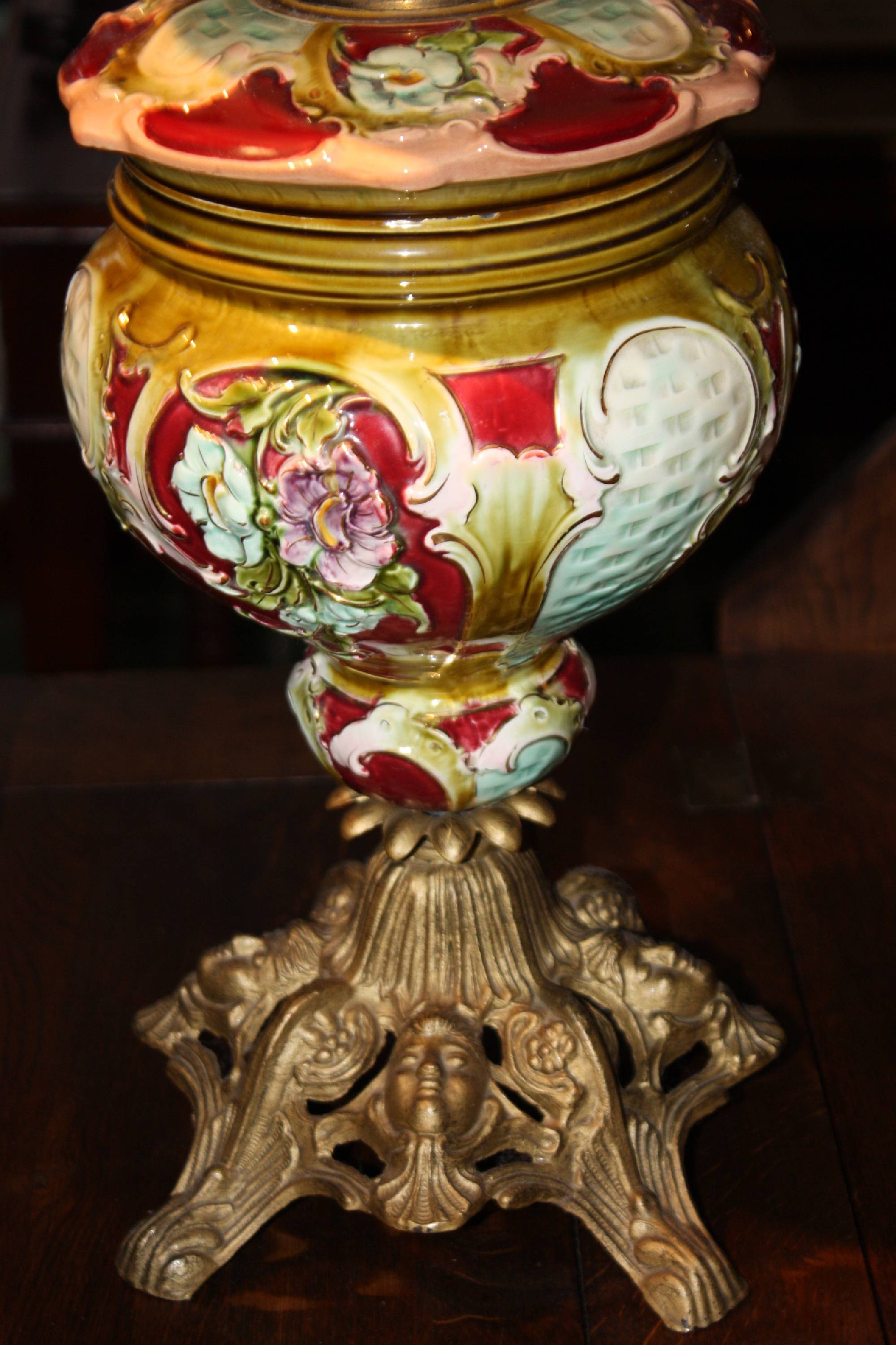 Antique 1900's German Kerosene Lamp, polychrome flower ornate stoneware font