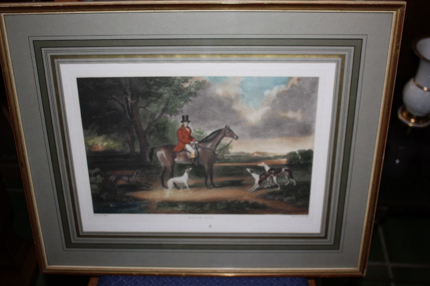 Coloured engraving Horseman Portrait titled 'Going Out'