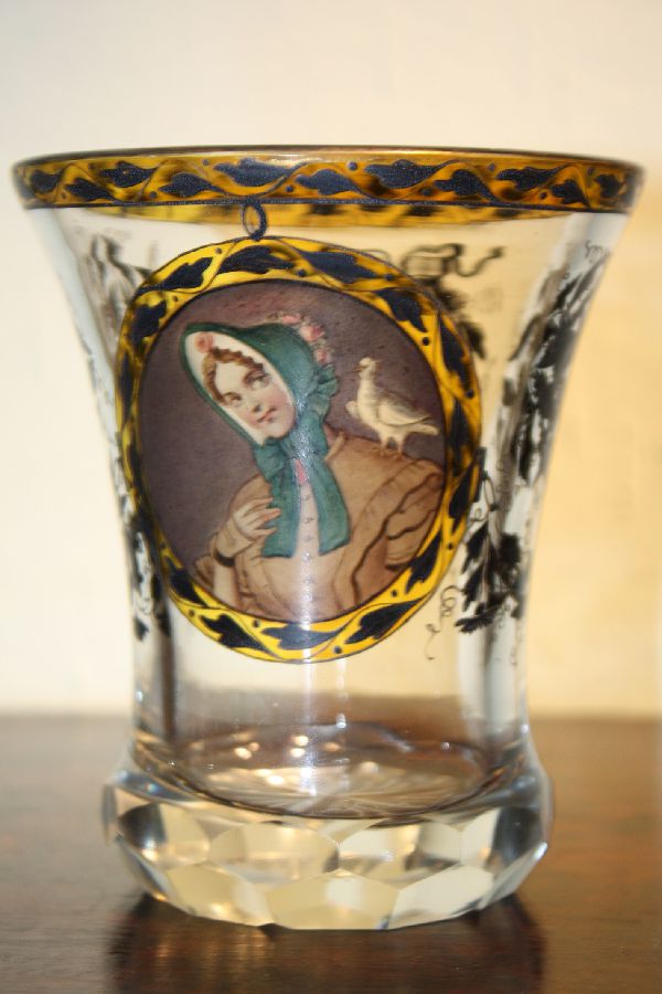 Antique 19th century Bohemian glass beaker with lady's portrait