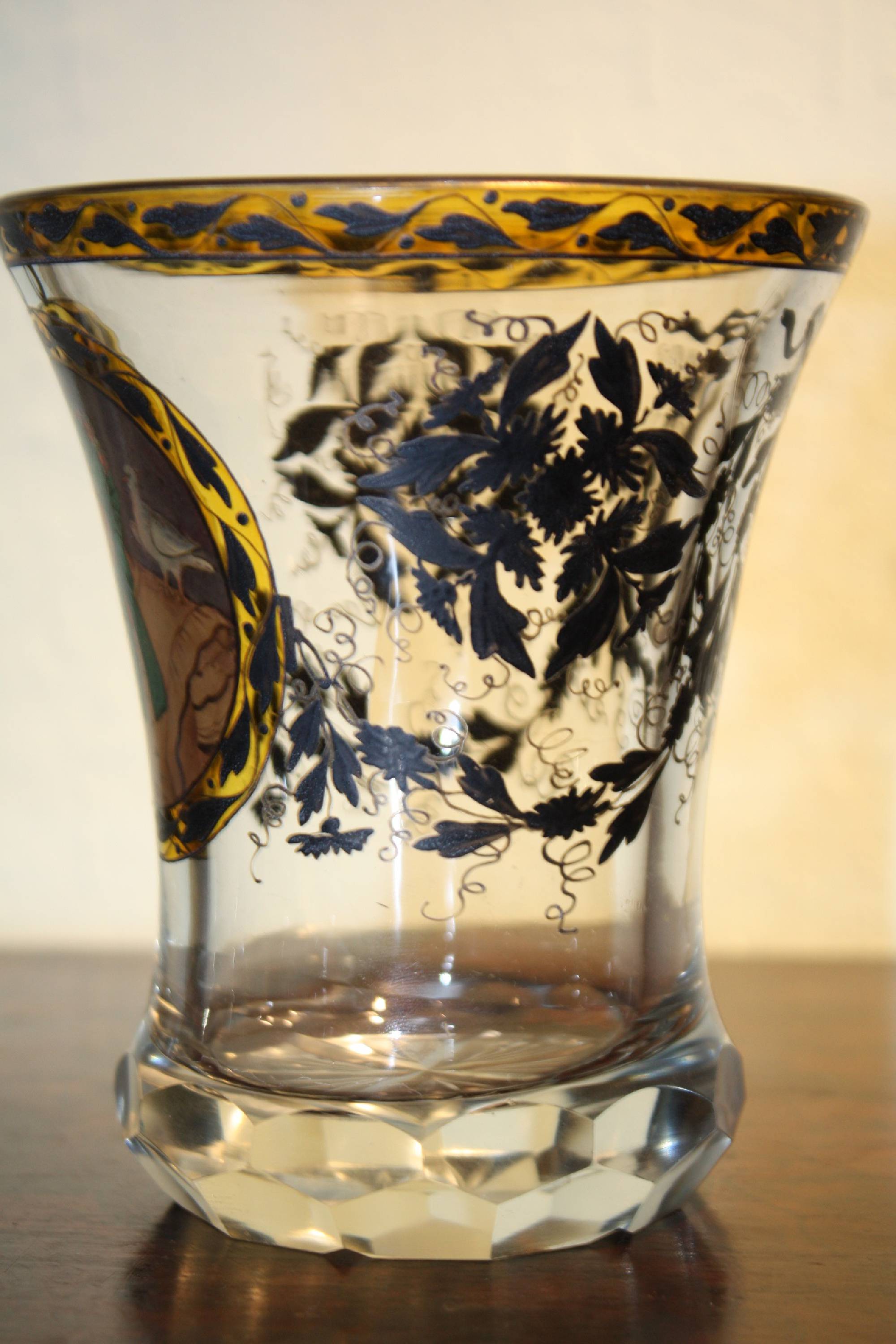 Antique 19th century Bohemian glass beaker with a hand-painted lady's portrait