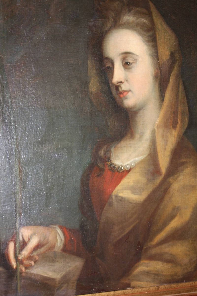 Antique 1800 painting, portrait of a writing woman, oil on canvas