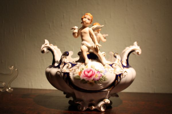 Vintage 20th century figurative putti 2 handle porcelain dish tray by Kueps