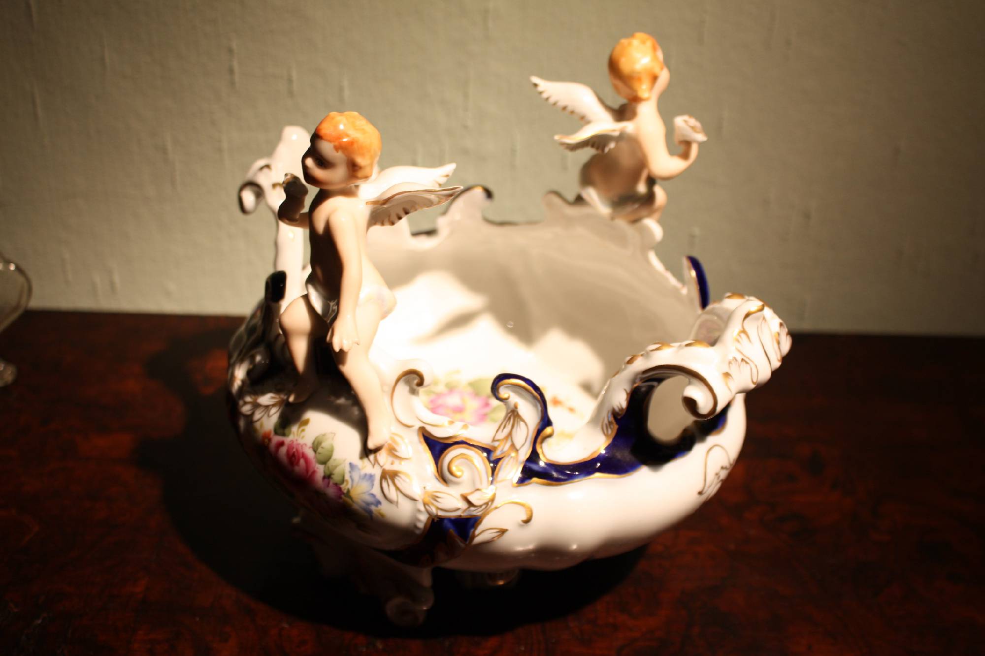 A vintage 20th century figurative putti angels rich ornate 2 handle porcelain dish tray by Kueps