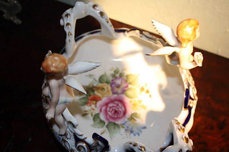 A vintage 20th century figurative putti angels rich ornate 2 handle porcelain dish tray by Kueps