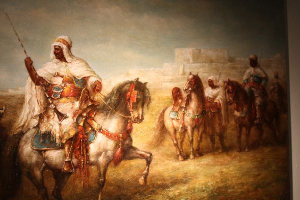 20th century painting oil on canvas Arabic soldiers on horses, after Adolf Schreyer