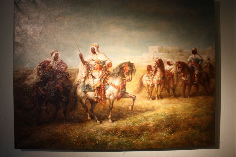 Large 20th century painting oil on canvas scenery of Arabic soldiers on horses, after Adolf Schreyer