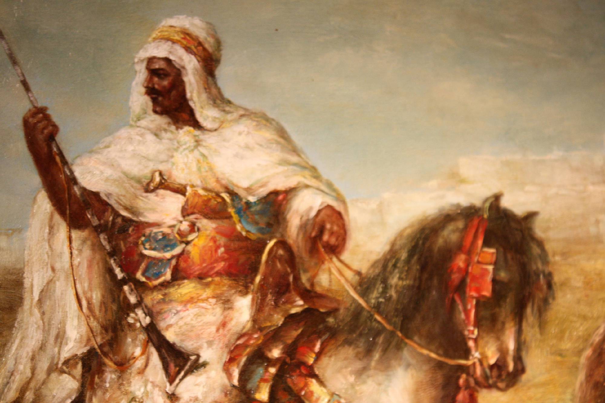 Large 20th century painting oil on canvas scenery of Arabic soldiers on horses, after Adolf Schreyer