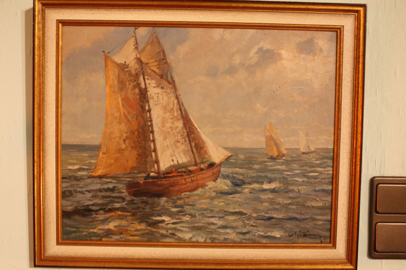 Mid-20th century signed painting of a sailing boat, oil on wood, Wilhelm Goetting (1901-1978)
