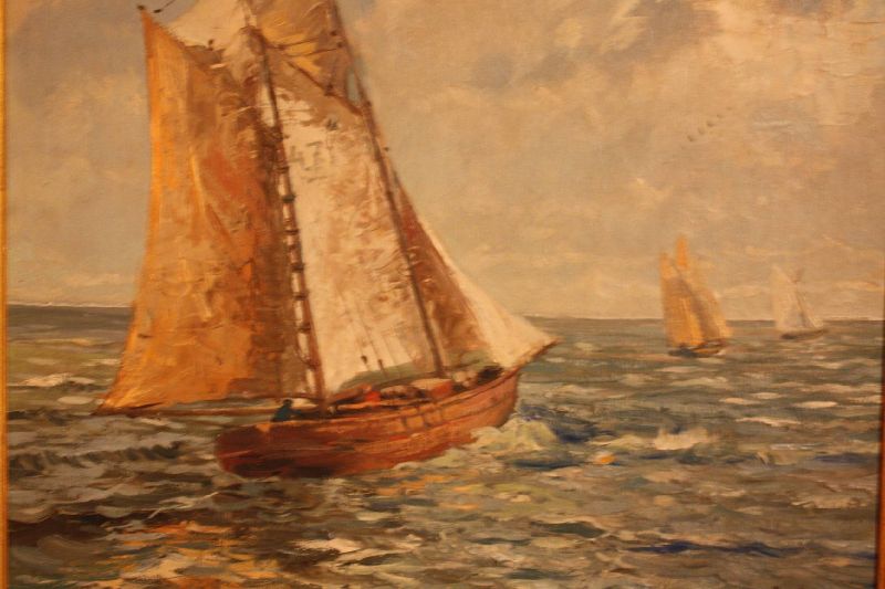 Mid-20th century signed painting of a sailing boat, oil on wood, Wilhelm Götting (1901-1978)