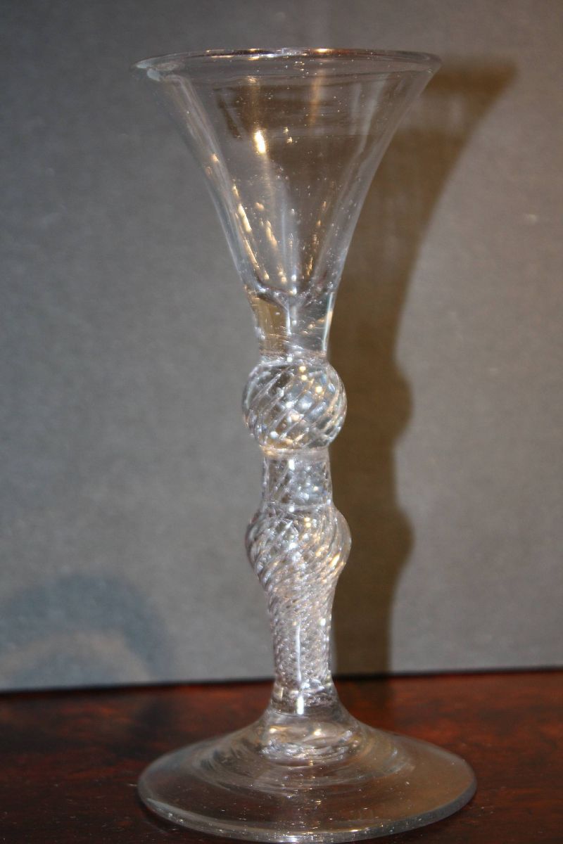 Antique 18th century spiral twist stem two knobs wine glass with folded foot