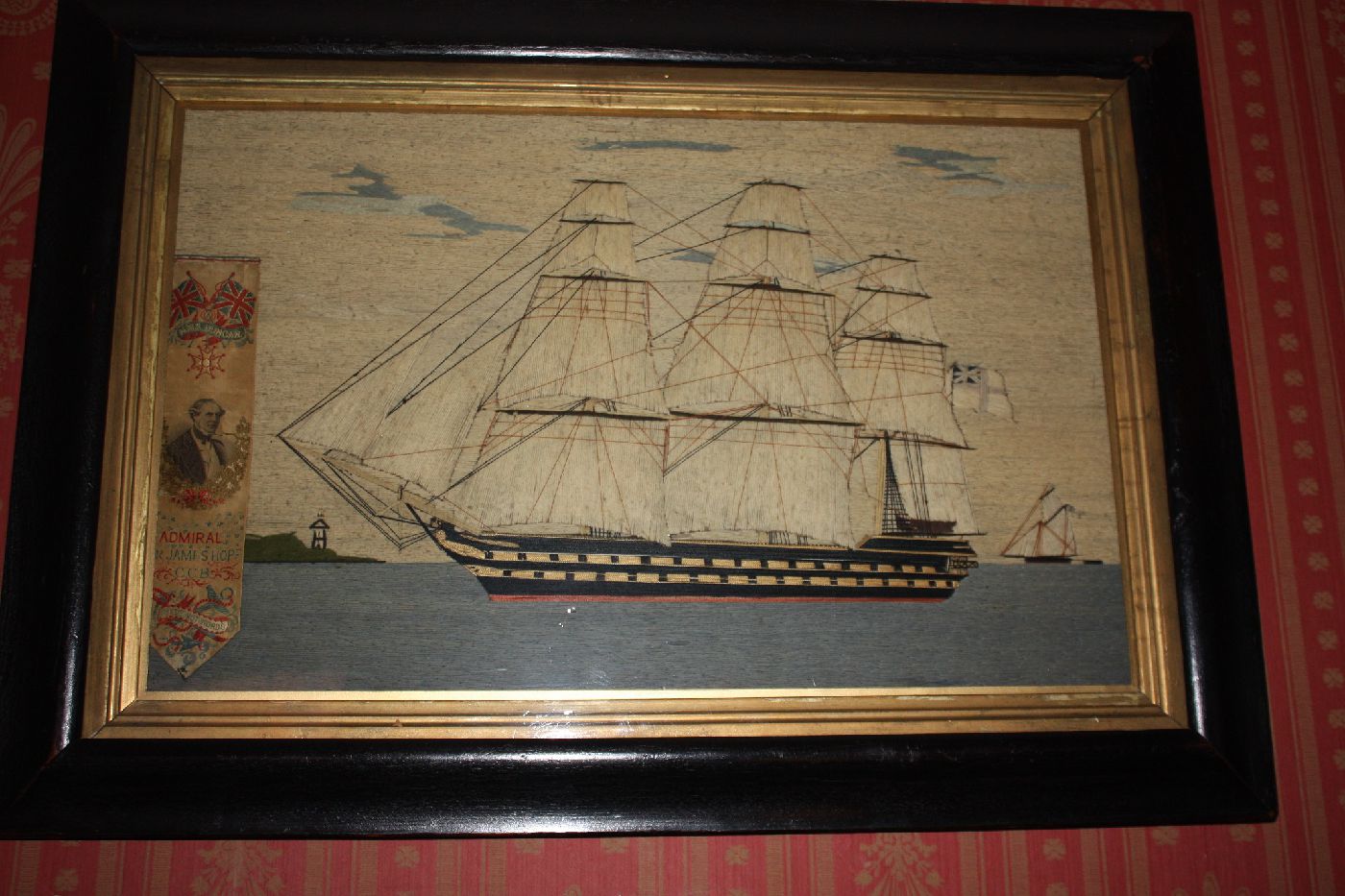 Antique English 19th century cotton and silk stitched ship portrait of the HMS Duncan under Admiral James Hope