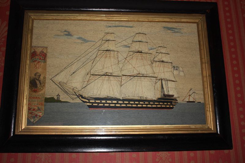 Antique English 19th century cotton and silk stitched ship portrait of the HMS Duncan under Admiral James Hope