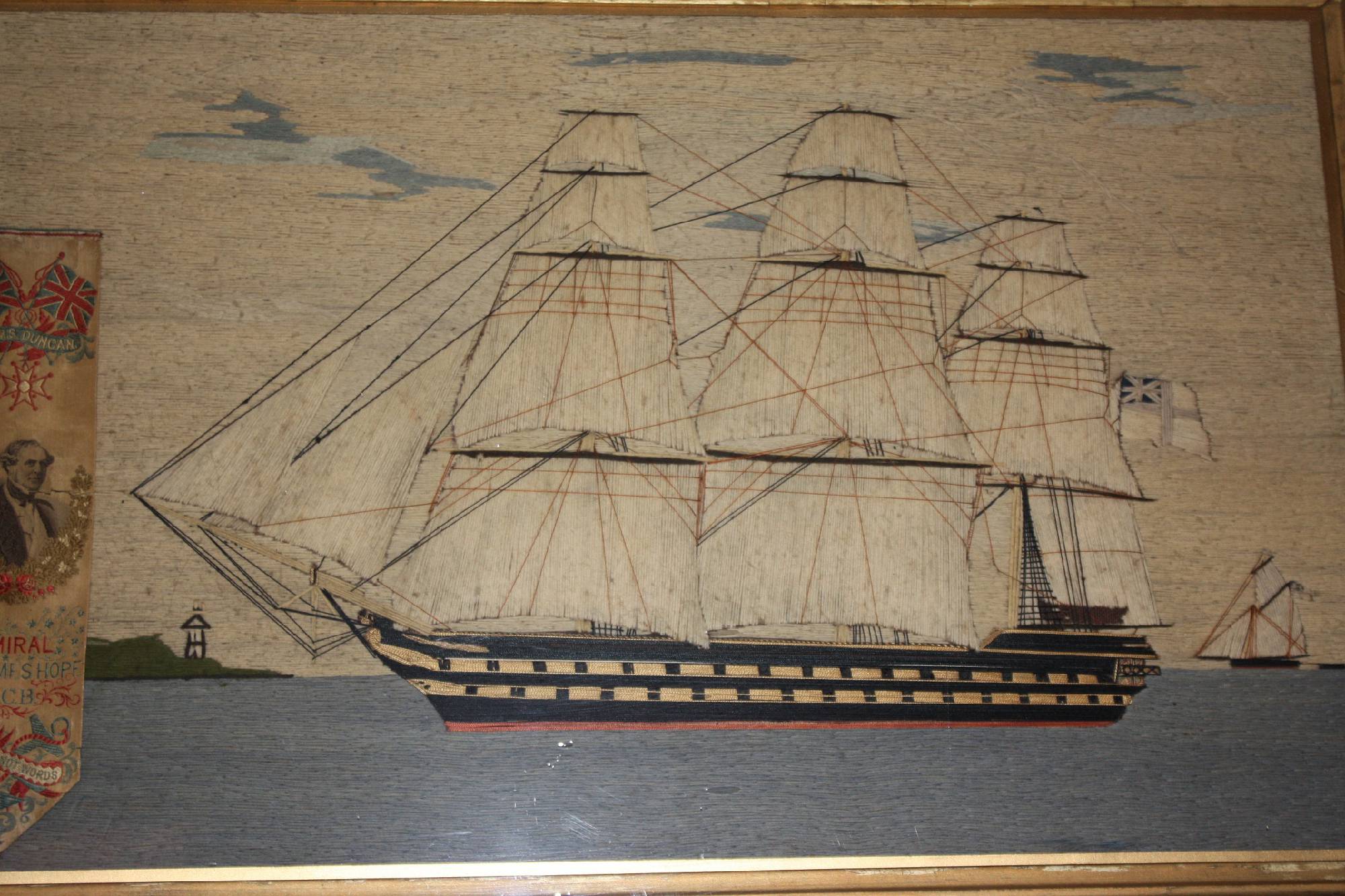 Antique English 19th century cotton and silk stitched ship portrait of the HMS Duncan under Admiral James Hope