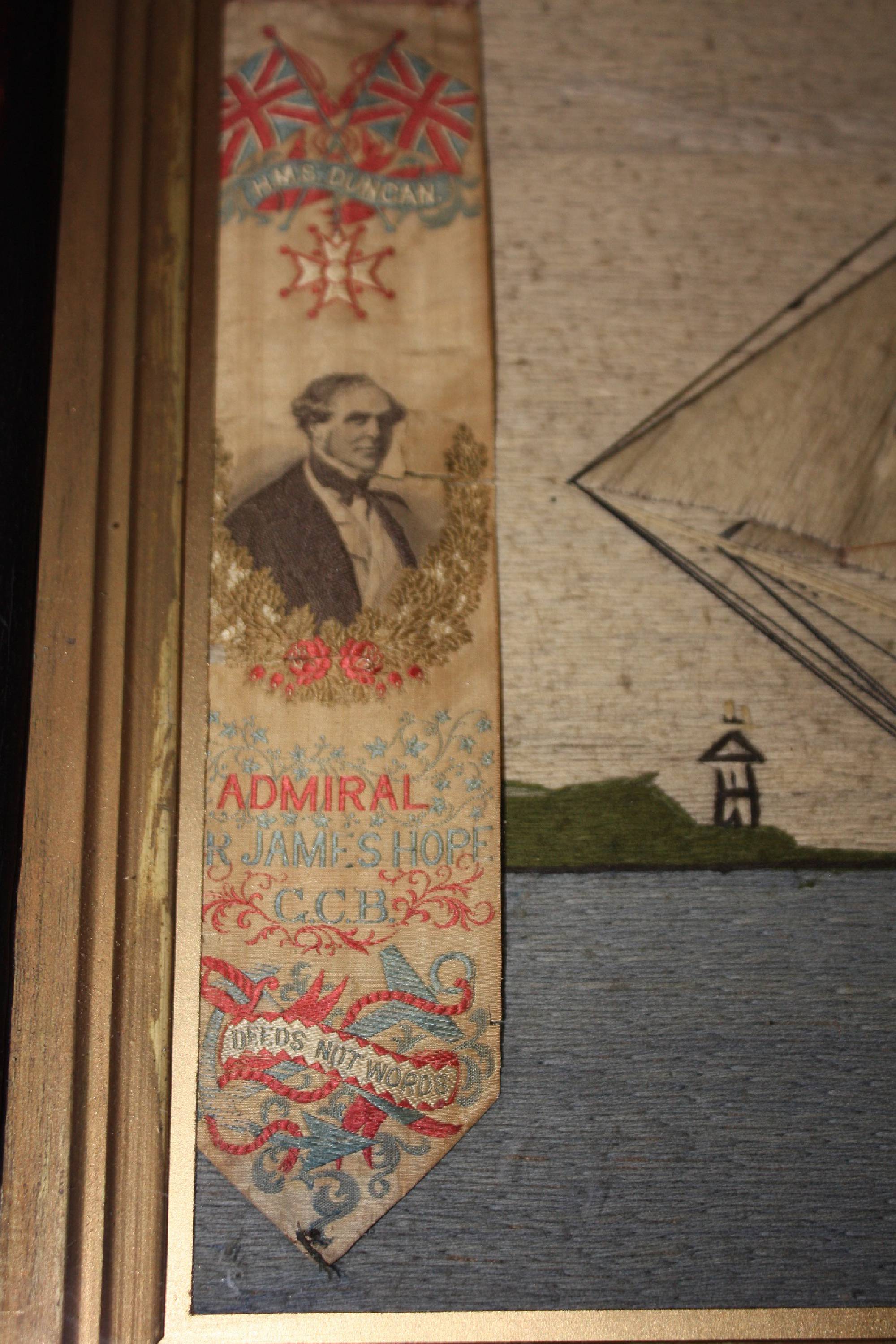 Antique English 19th century cotton and silk stitched ship portrait of the HMS Duncan under Admiral James Hope