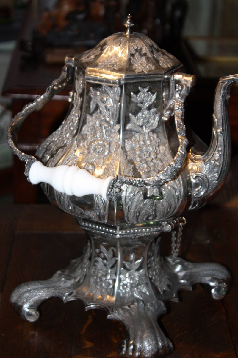 Antique late 19th century German floral ornate silver-plated pewter tea pot