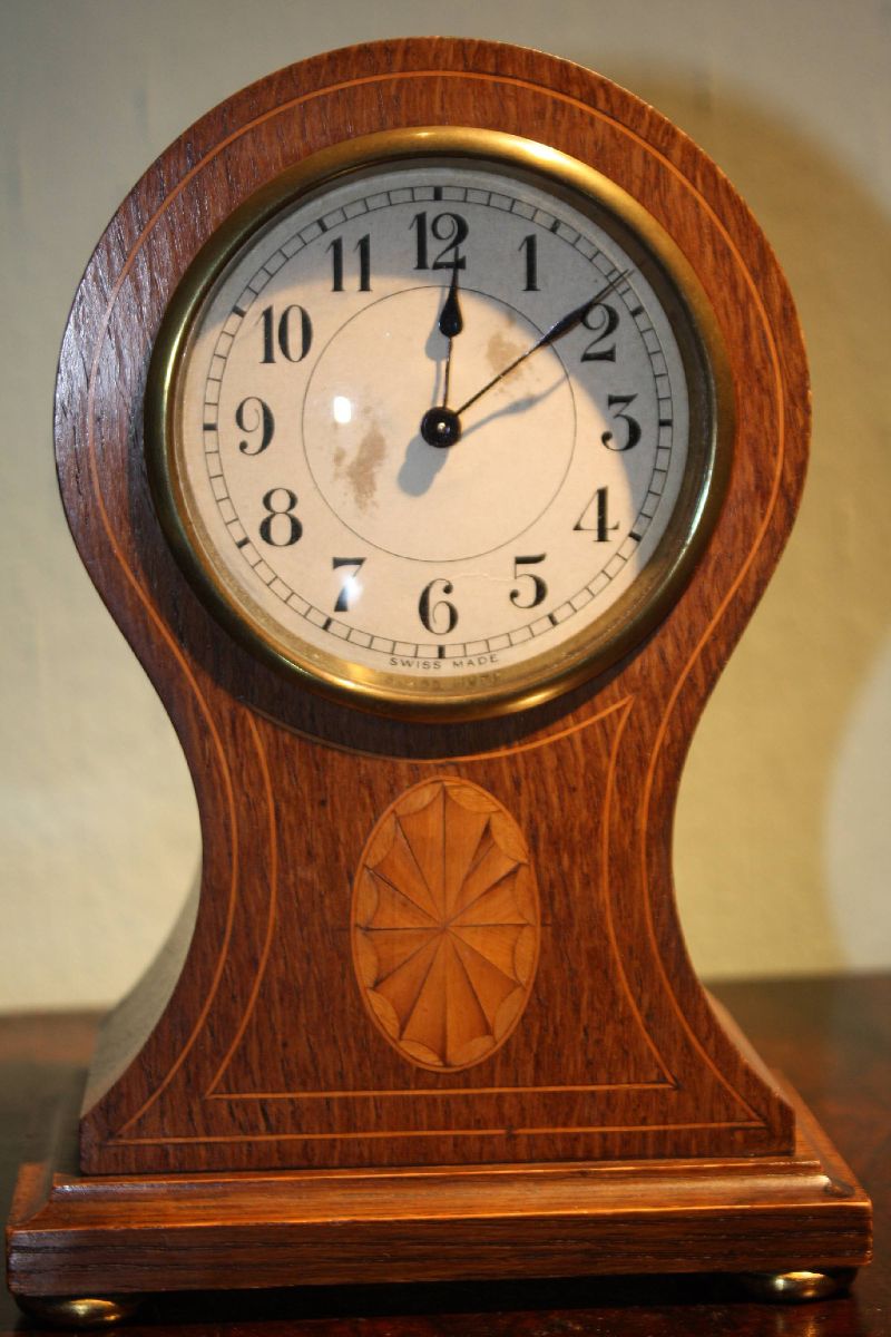 Vintage Swiss made wooden case with inlay table desk mantel clock
