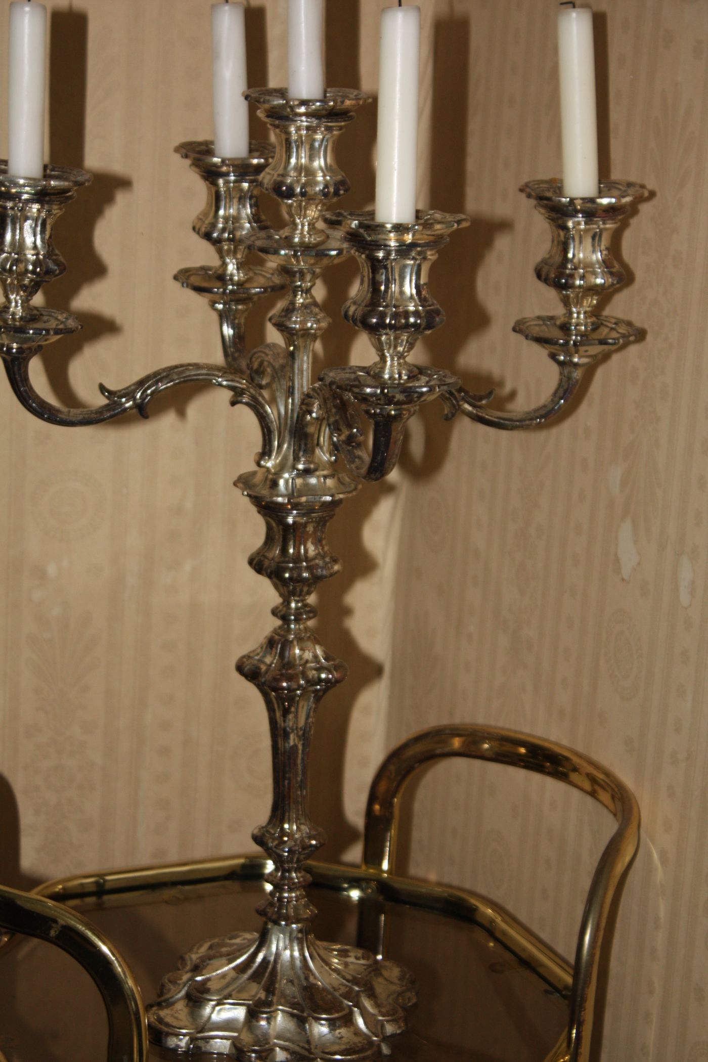 A heavy bronze gold-plated 5-arms candle holder by Valenti, Spain, Height: 23.62'' (60 cm)