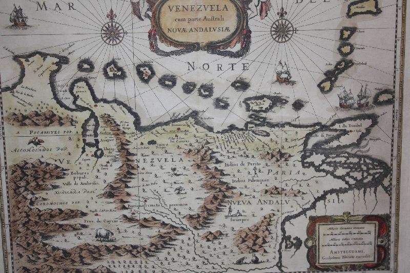 Dutch 1650's coloured copper engraving map of Venezuela by Willem Janszoon Blaeu