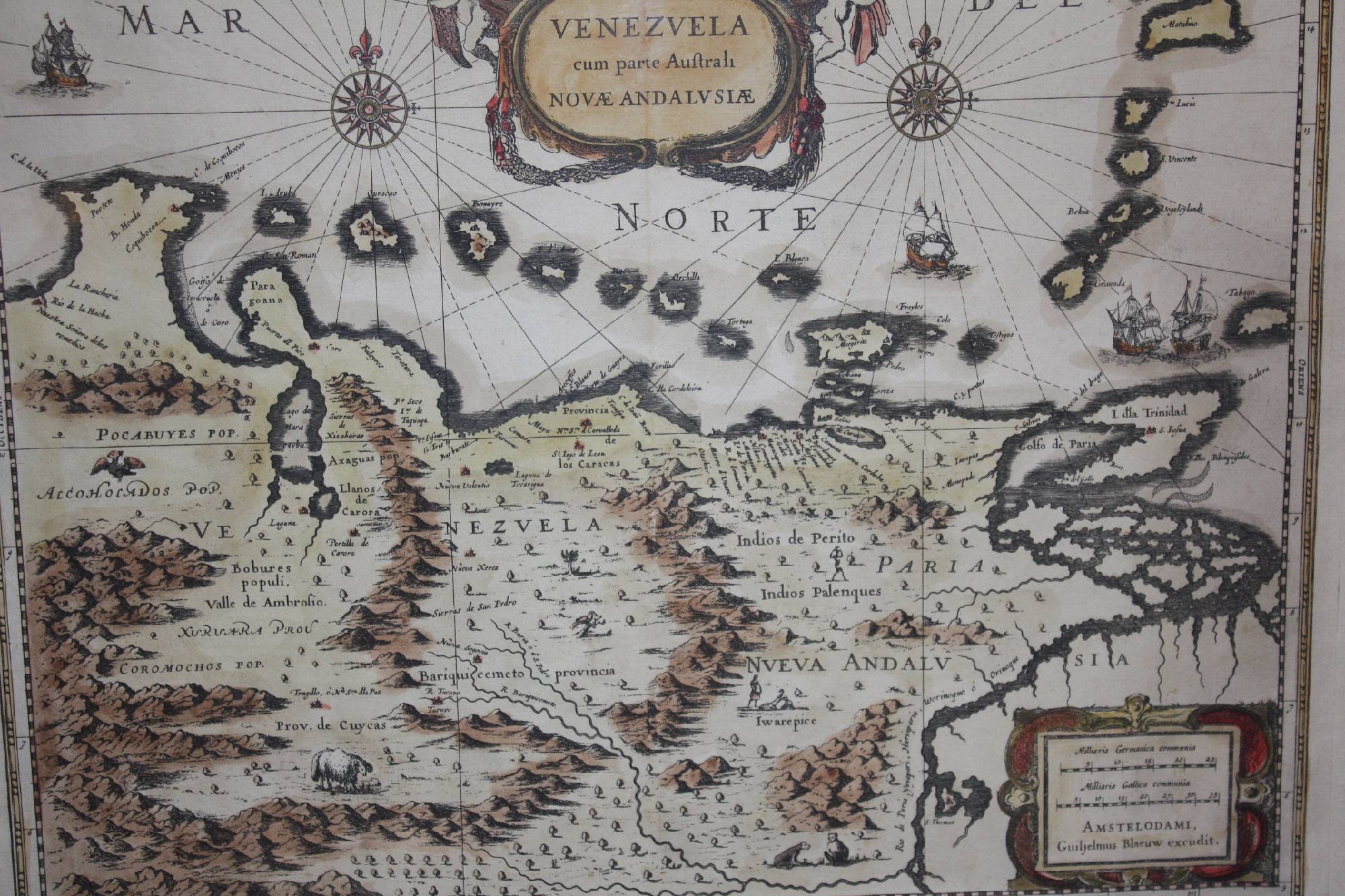 Dutch 1650's coloured copper engraving map of Venezuela by Willem Janszoon Blaeu