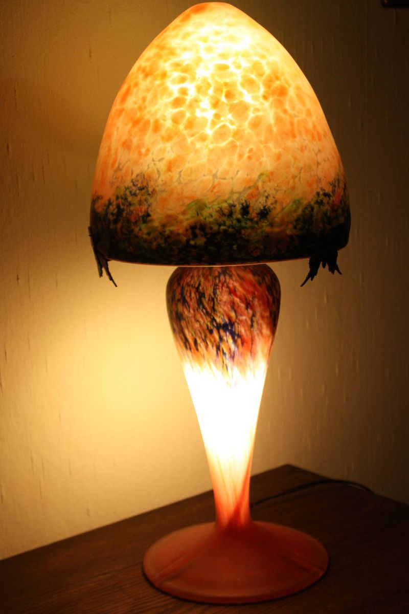 A stunning antique vintage 1920 French signed Art Déco glass table lamp by 'Le Verre Francais', Charles Schneider