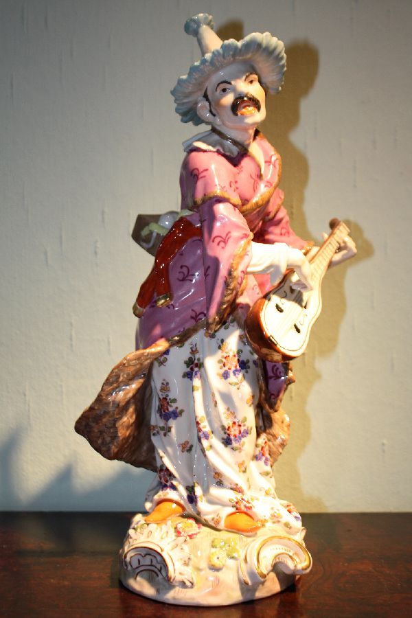 Antique 19th century porcelain figure of a musician playing mandolin Volkstedt Rudolstadt