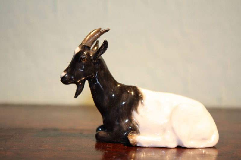 A very small vintage antique 1900 hand-painted Meissen porcelain figurine montain goat